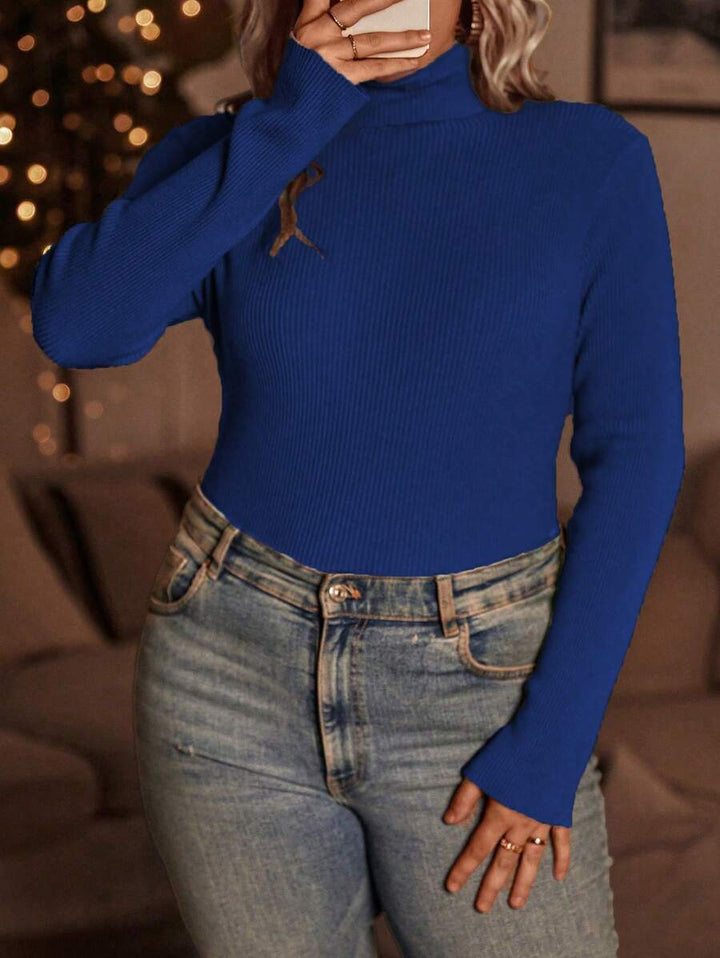 Plain Pattern Ribbed Knit Sweater