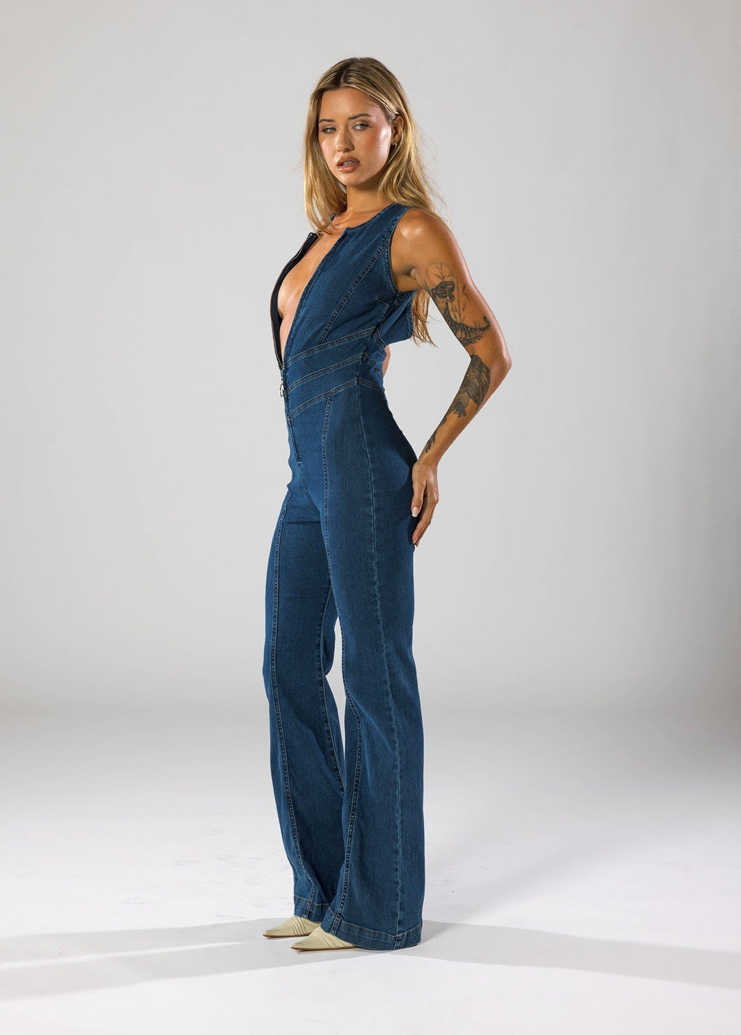 Plunge Flare Denim Jumpsuit