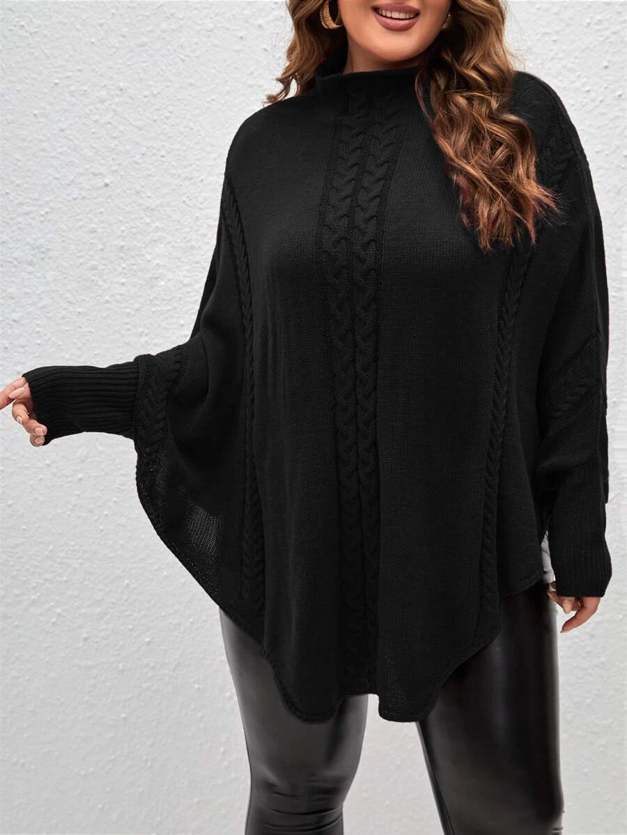 Plus Cable Knit Batwing Sleeve Ribbed Poncho