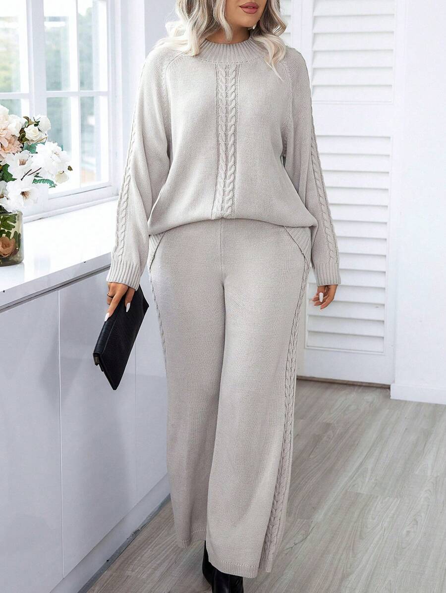 Plus Cable Knit Raglan Sleeve Sweater And Knit Pants