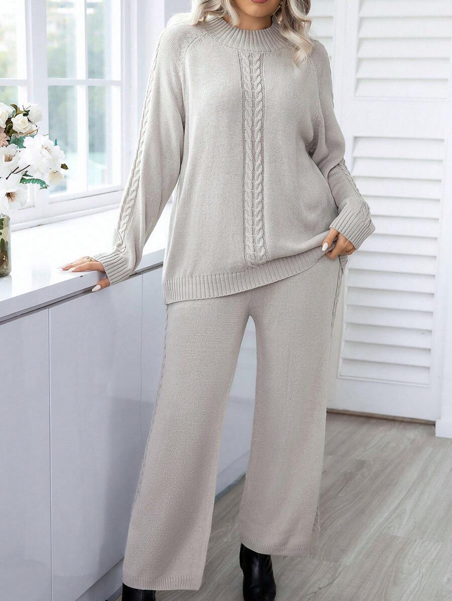 Plus Cable Knit Raglan Sleeve Sweater And Knit Pants