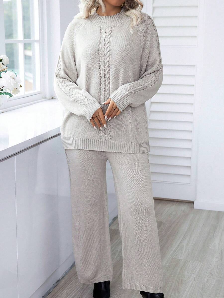Plus Cable Knit Raglan Sleeve Sweater And Knit Pants