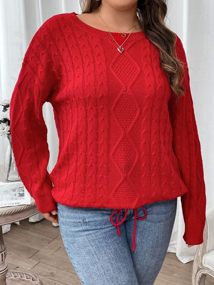 Plus Christmas Cable Knit Drawstring Hem Sweater