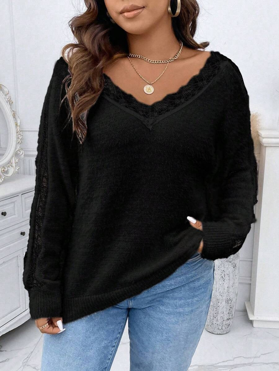 Plus Contrast Lace Fluffy Knit Sweater