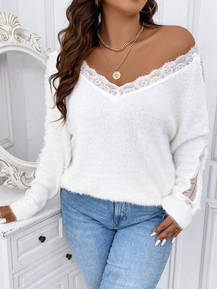 Plus Contrast Lace Fluffy Knit Sweater