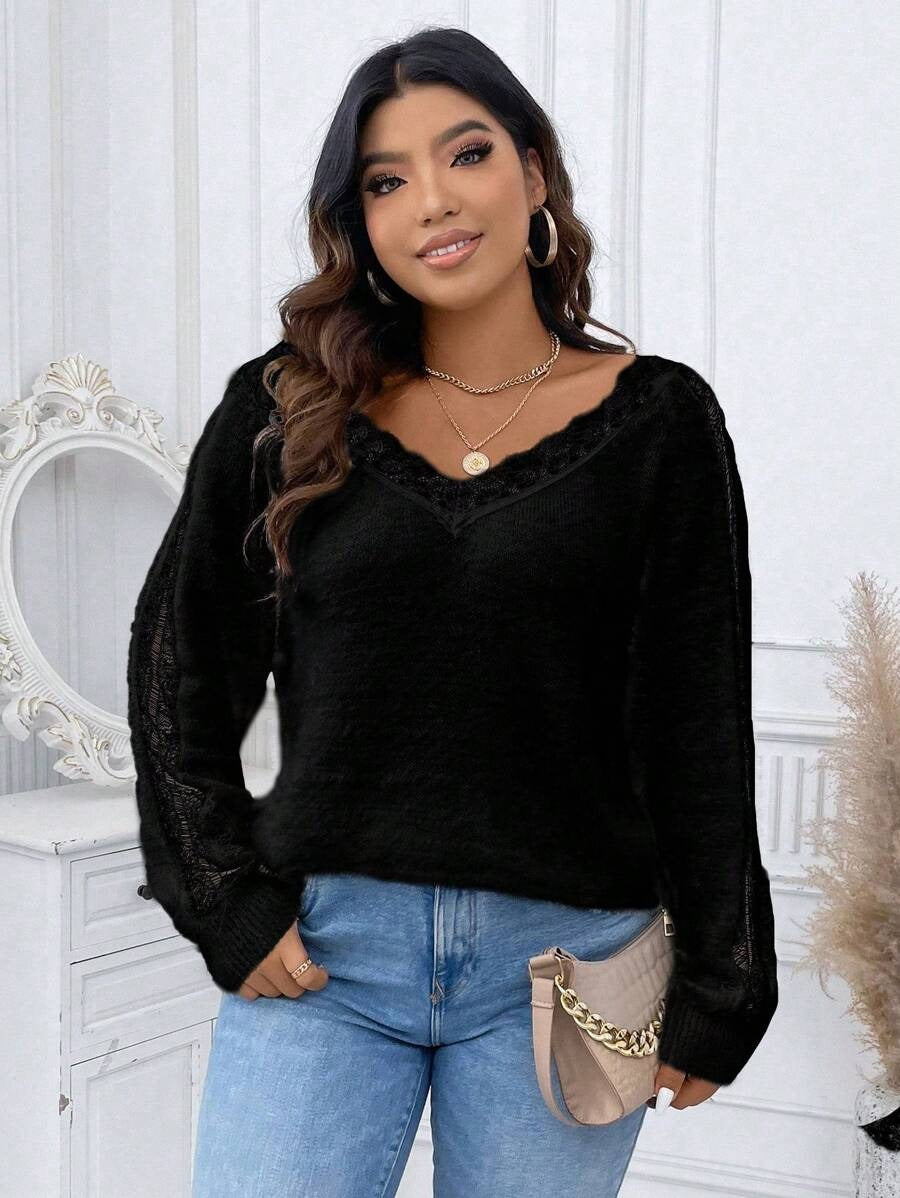 Plus Contrast Lace Fluffy Knit Sweater