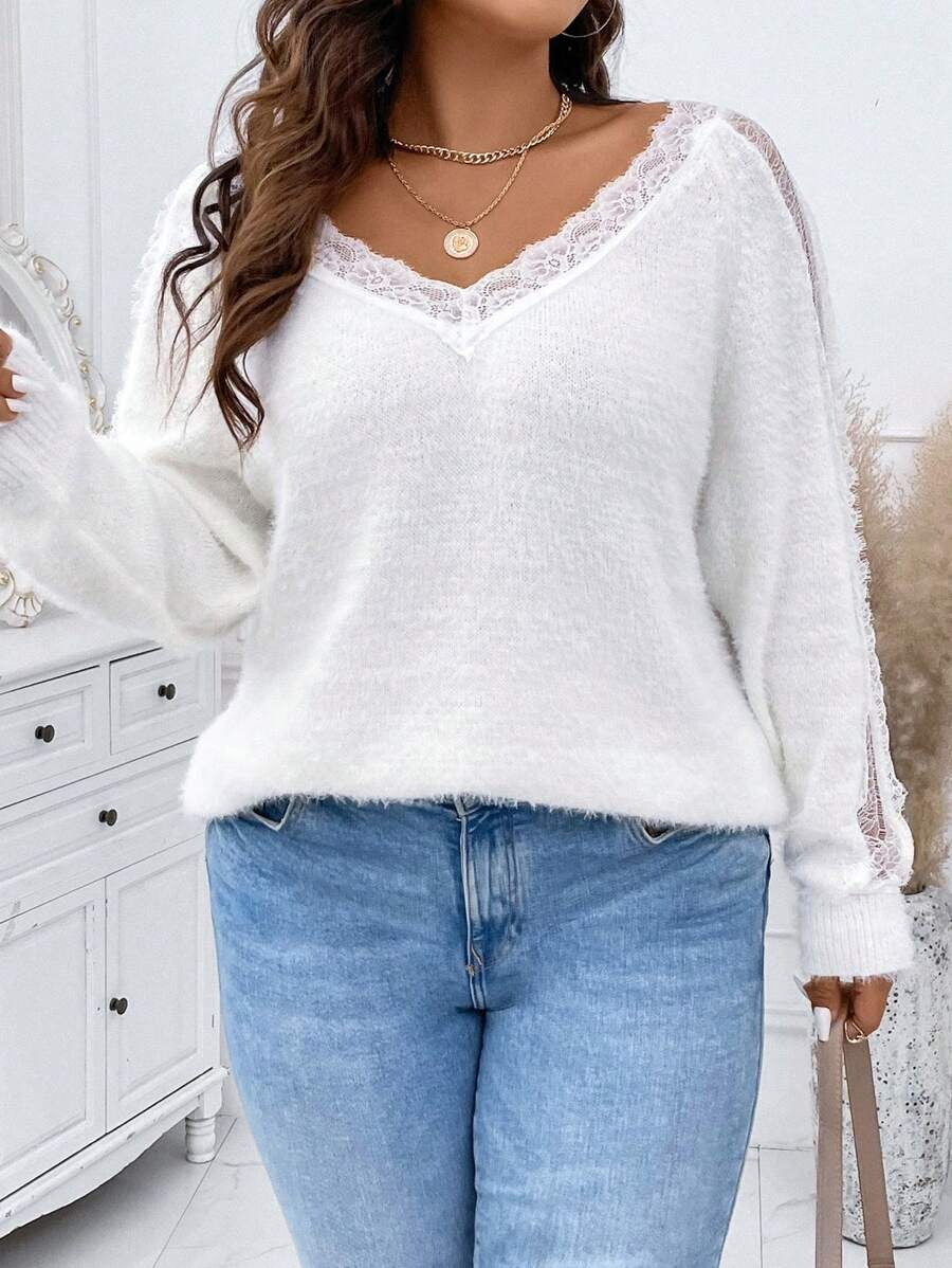 Plus Contrast Lace Fluffy Knit Sweater
