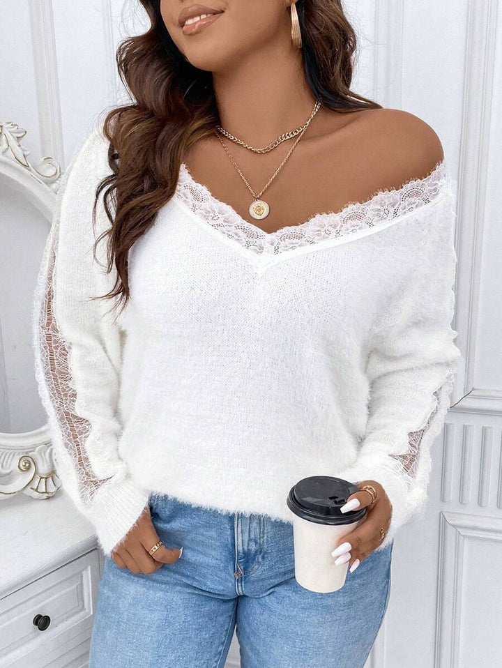 Plus Contrast Lace Fluffy Knit Sweater