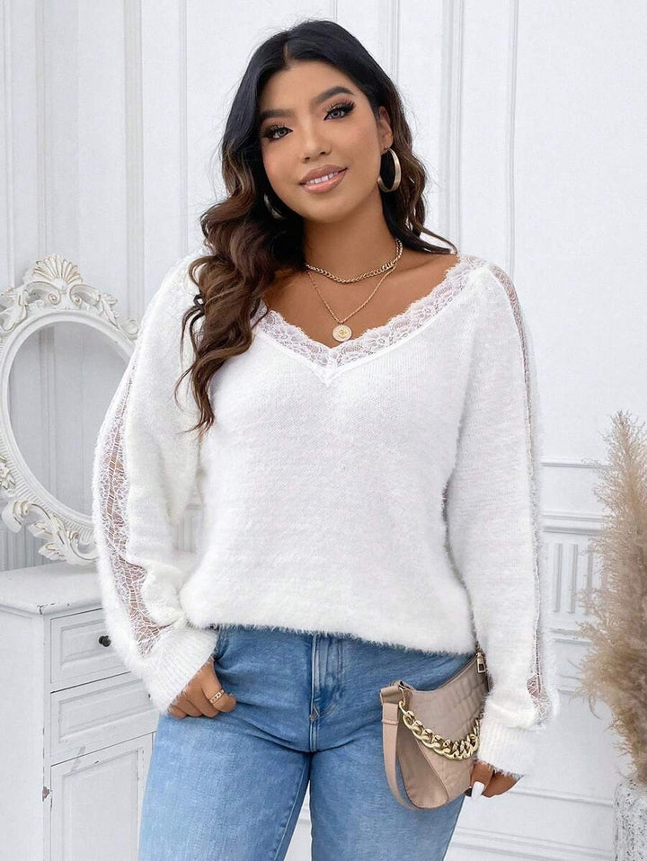 Plus Contrast Lace Fluffy Knit Sweater