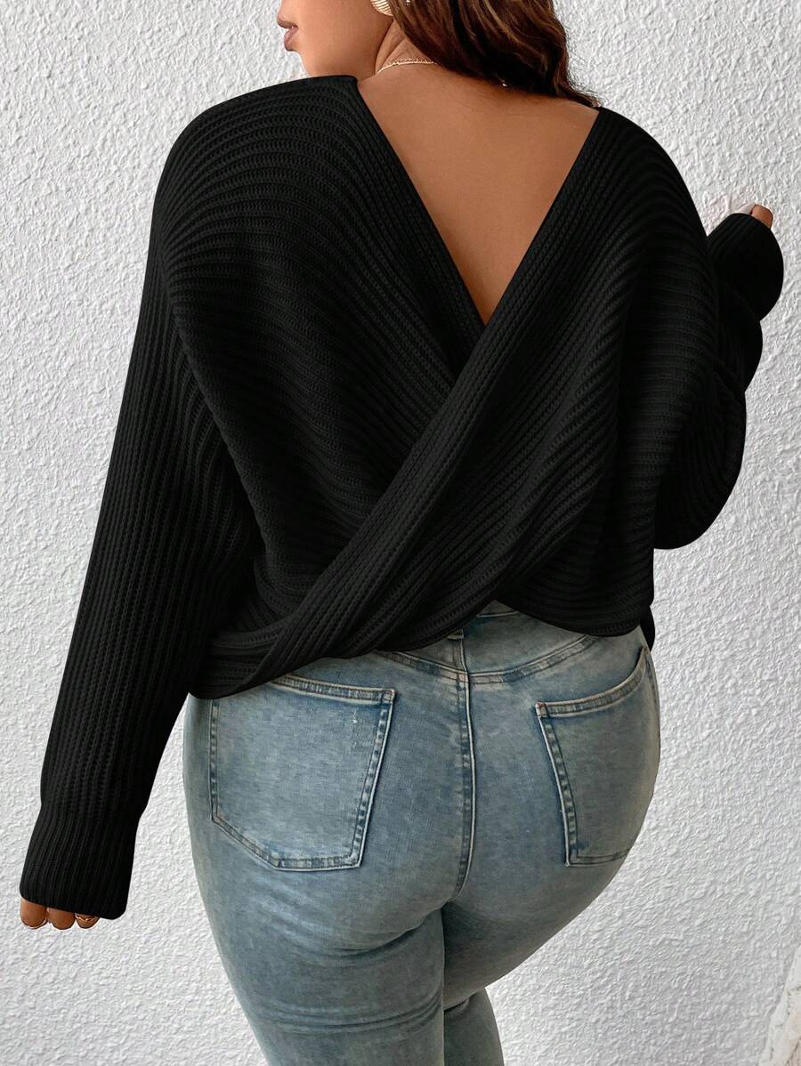 Plus Crossover Back Batwing Sleeve Sweater