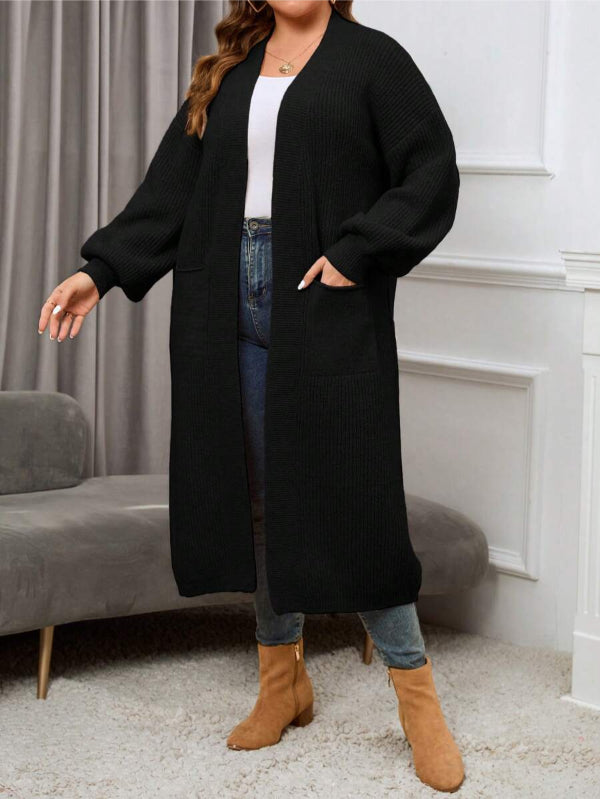 Plus Dual Pocket Long Length Open Front Cardigan