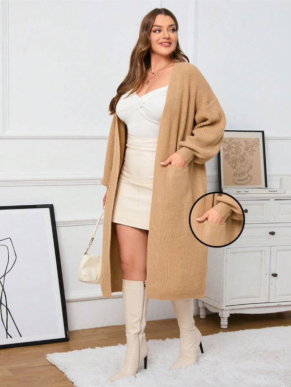 Plus Dual Pocket Long Length Open Front Cardigan