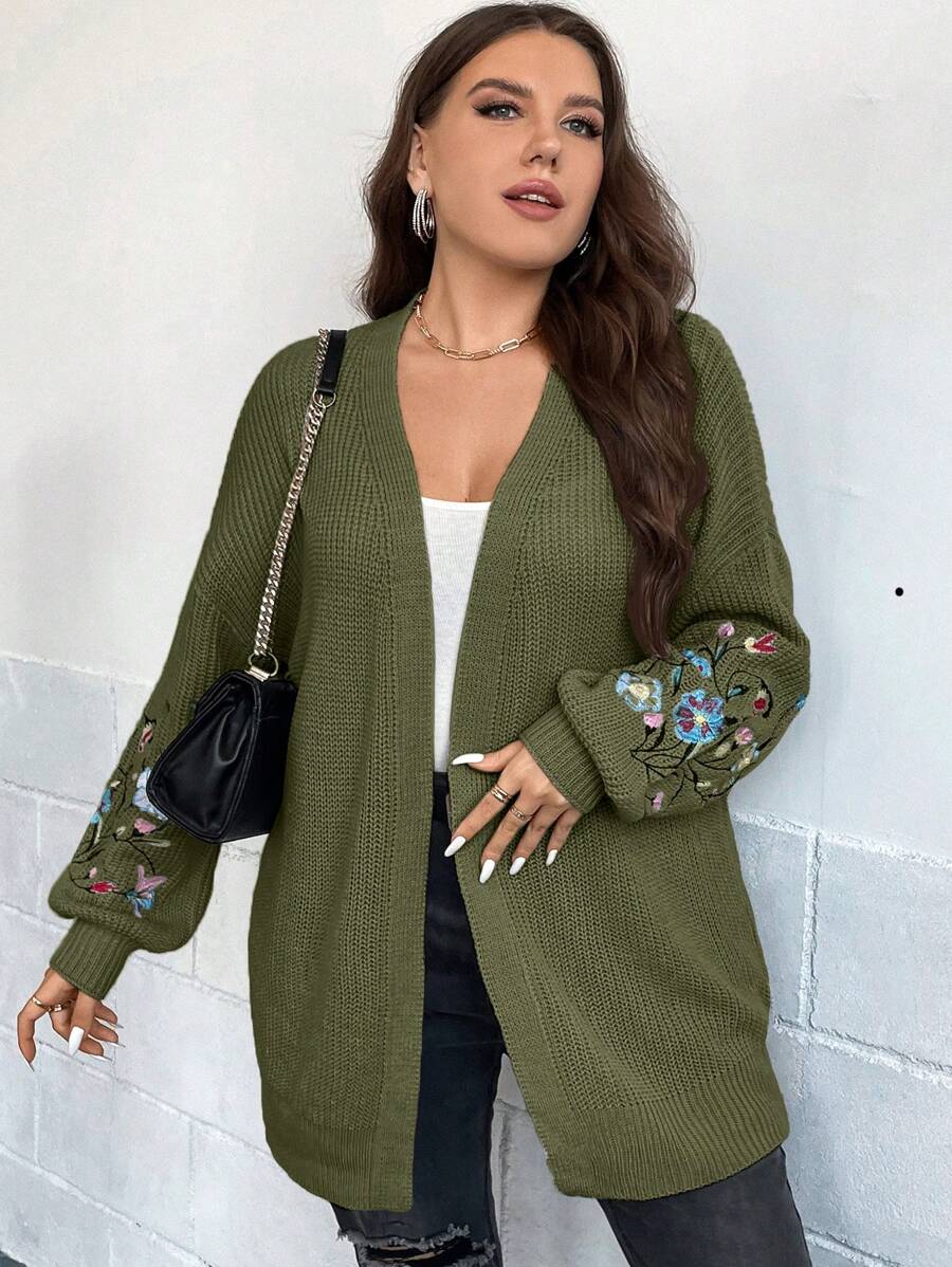 Floral Embroidery Duster Plus Cardigan