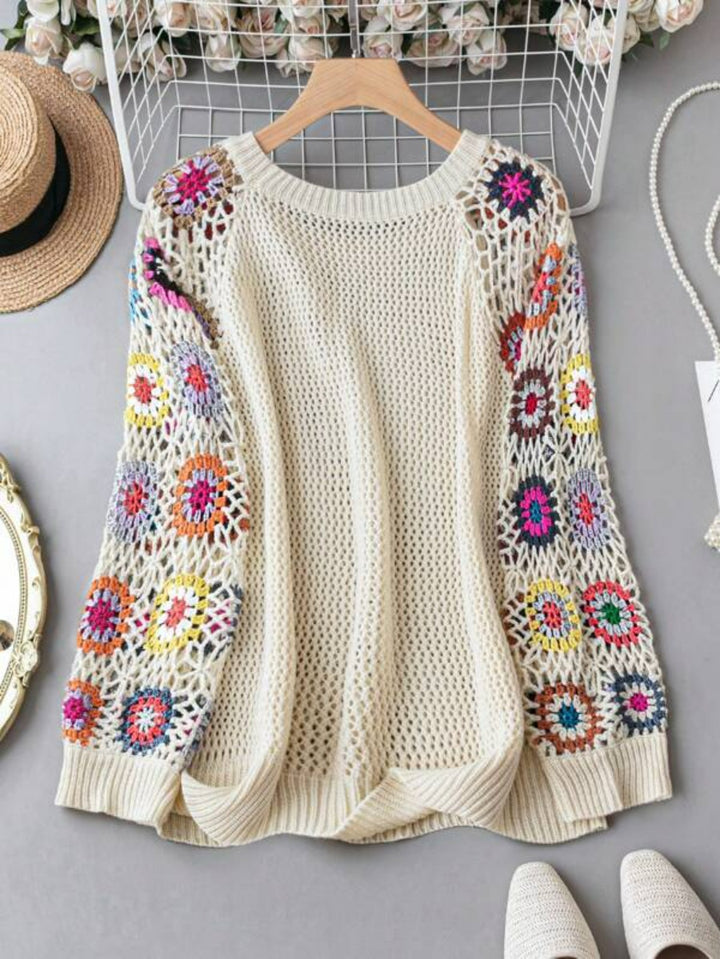 Plus Floral Pattern Sleeve Pointelle Knit Sweater