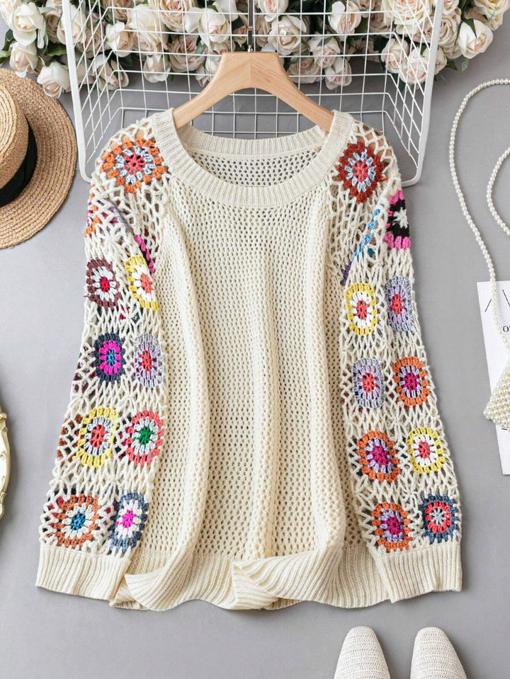 Plus Floral Pattern Sleeve Pointelle Knit Sweater