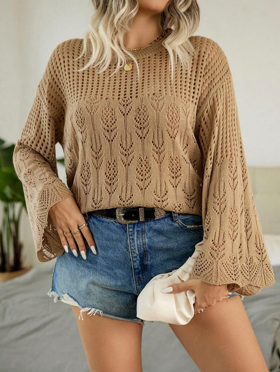Plus Pointelle Knit Flare Sleeve Sweater