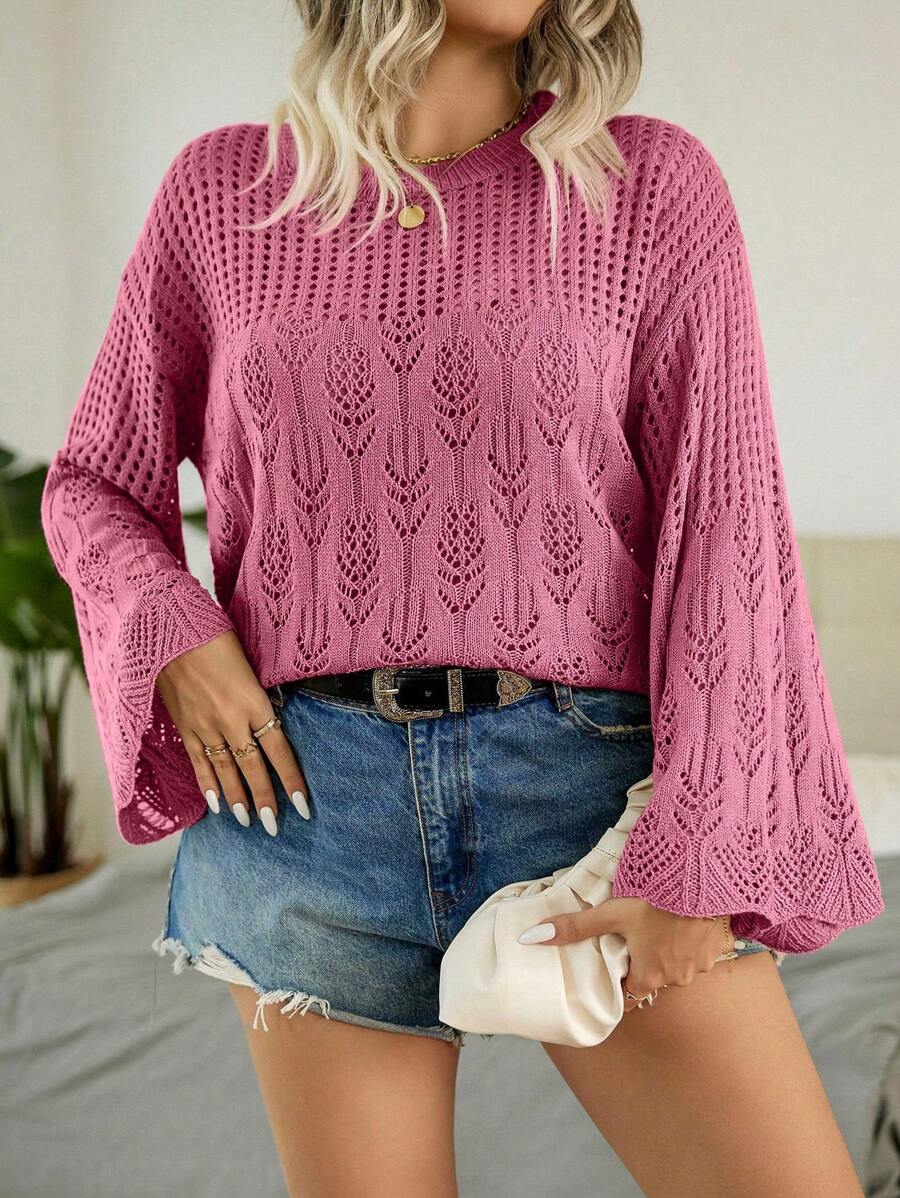 Plus Pointelle Knit Flare Sleeve Sweater