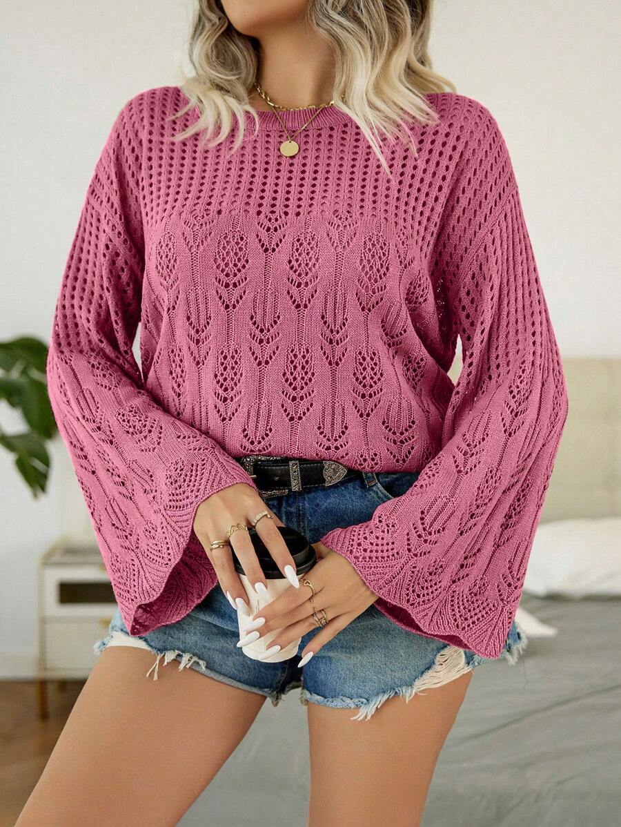 Plus Pointelle Knit Flare Sleeve Sweater