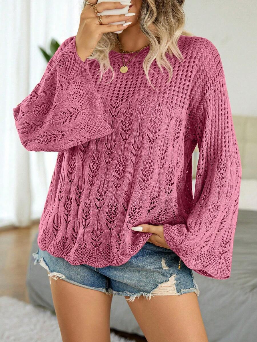 Plus Pointelle Knit Flare Sleeve Sweater