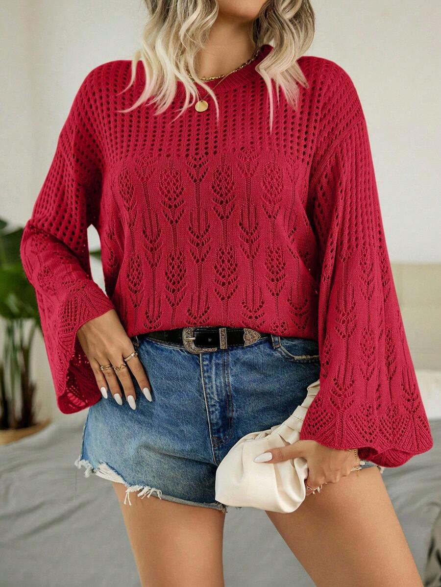 Plus Pointelle Knit Flare Sleeve Sweater