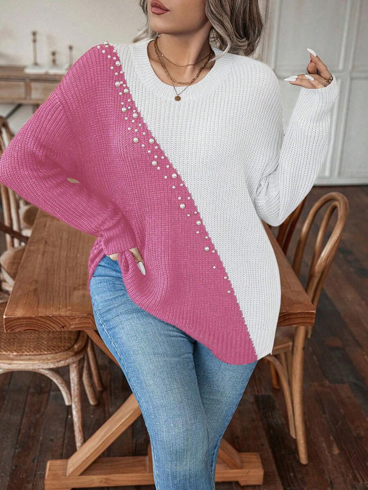 Plus Size Colorblock Sweater With Pearl Detail