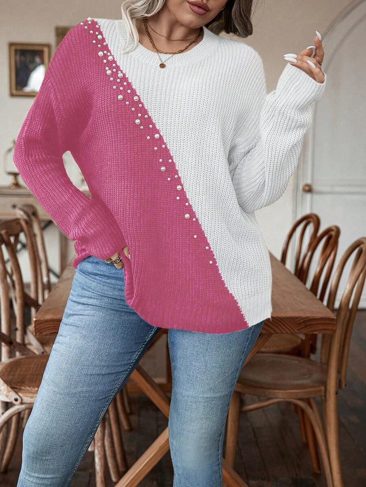 Plus Size Colorblock Sweater With Pearl Detail