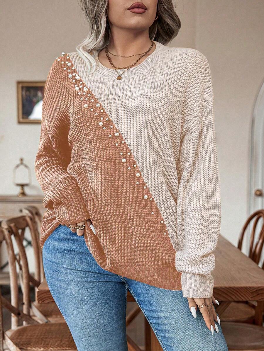 Plus Size Colorblock Sweater With Pearl Detail