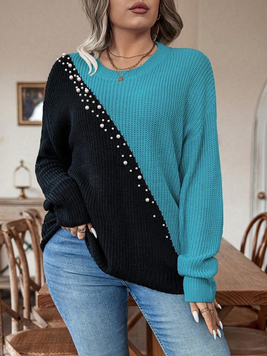 Plus Size Colorblock Sweater With Pearl Detail