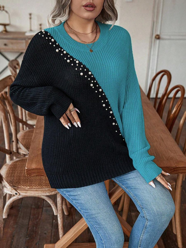 Plus Size Colorblock Sweater With Pearl Detail