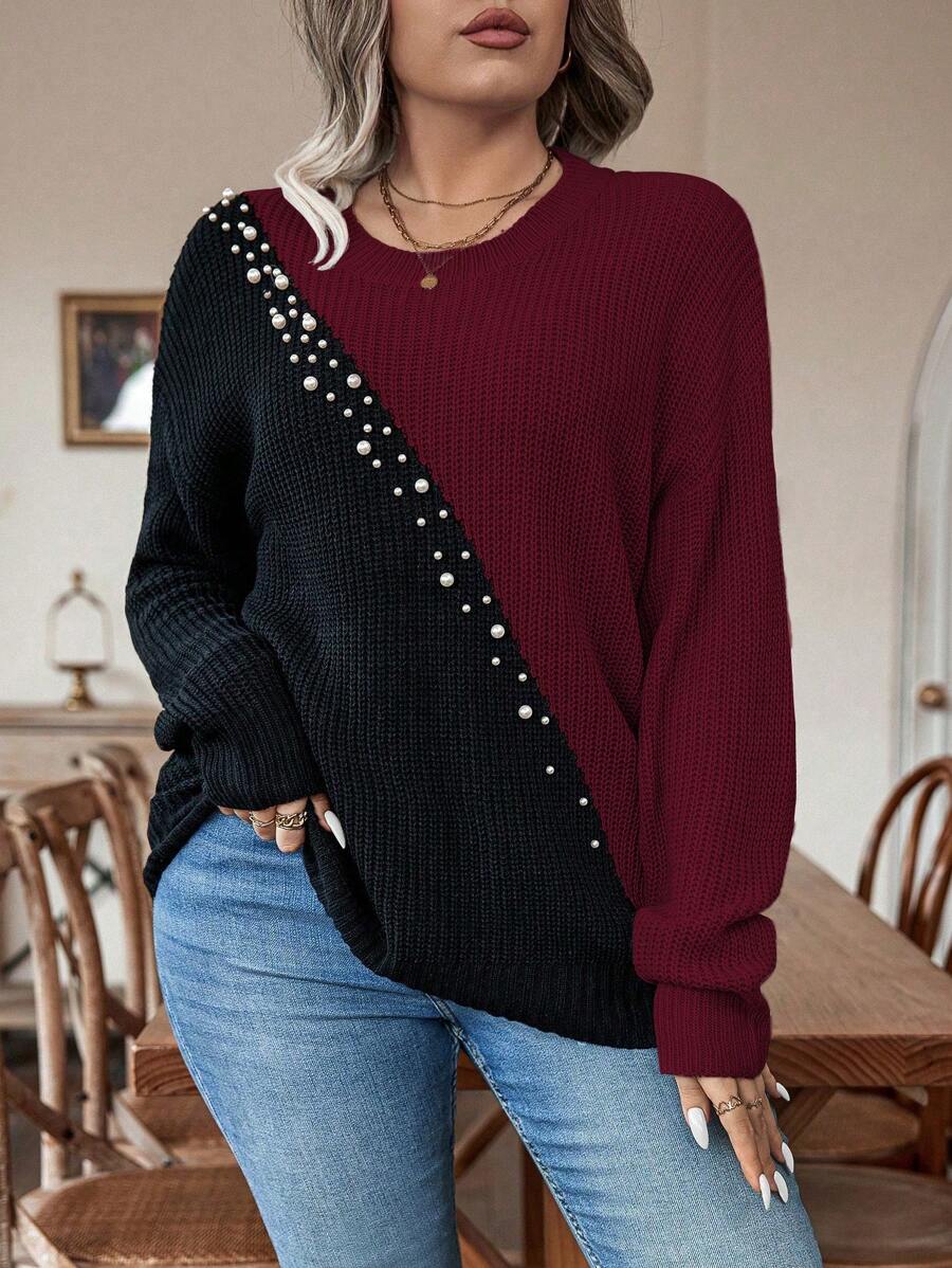 Plus Size Colorblock Sweater With Pearl Detail