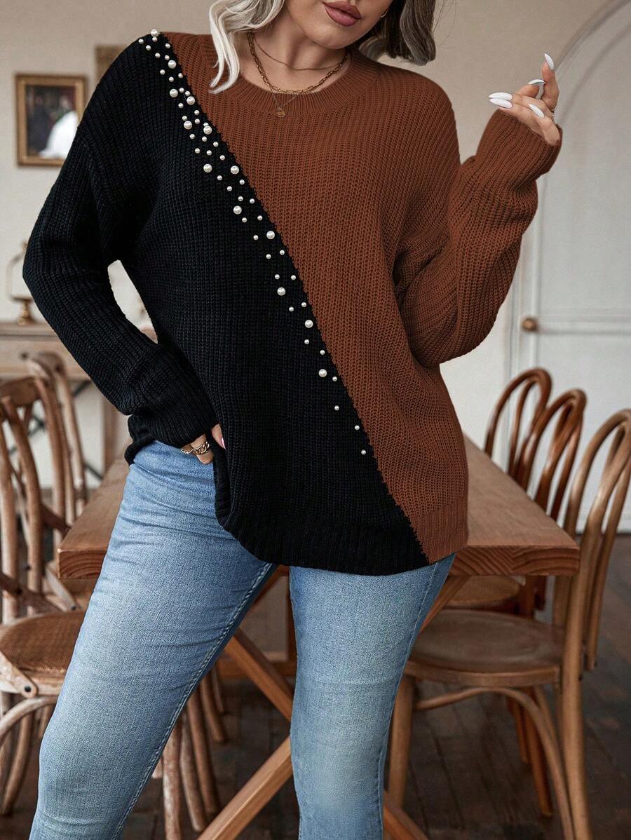 Plus Size Colorblock Sweater With Pearl Detail