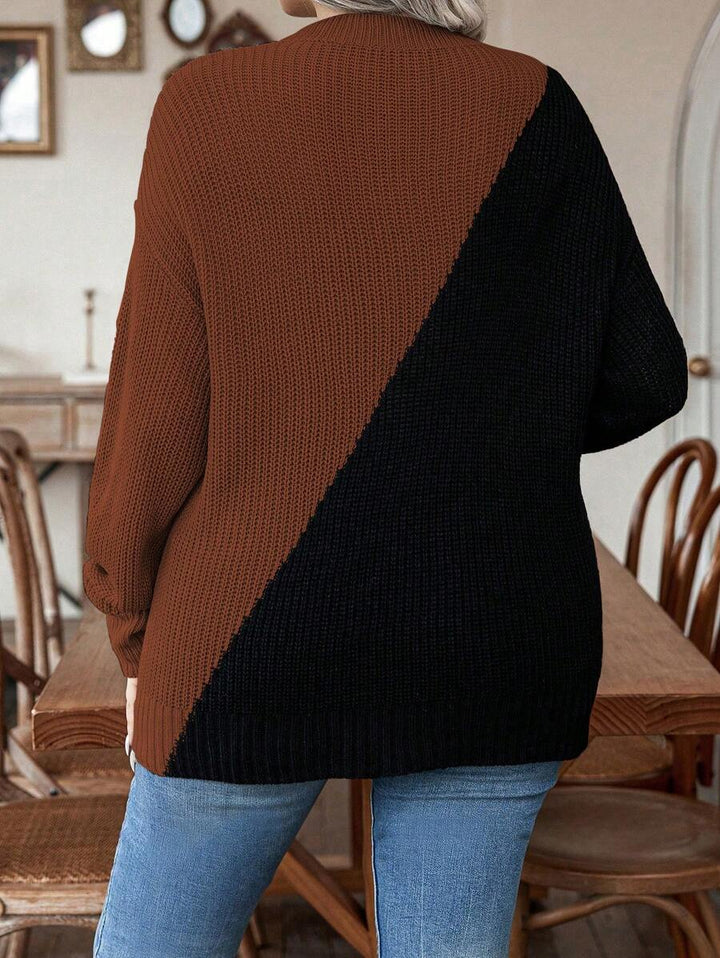 Plus Size Colorblock Sweater With Pearl Detail