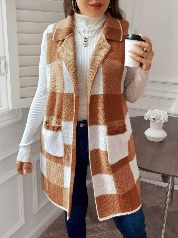 Plus Size Plaid Patch Pocket Shawl Collar Cardigan