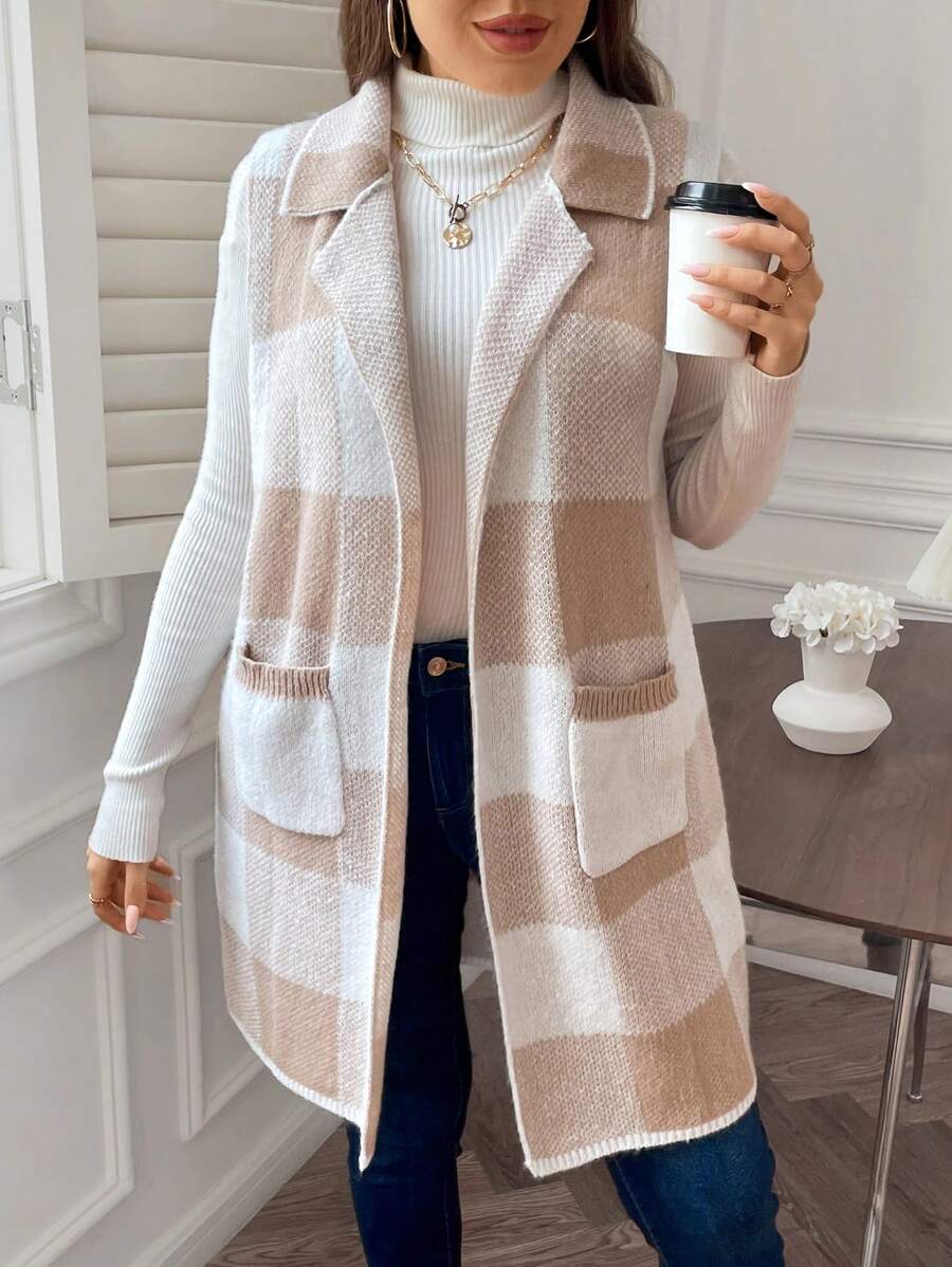 Plus Size Plaid Patch Pocket Shawl Collar Cardigan