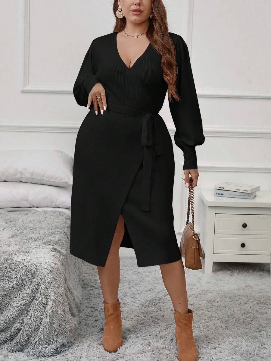 Plus Size Wrap Belted Sweater Dress
