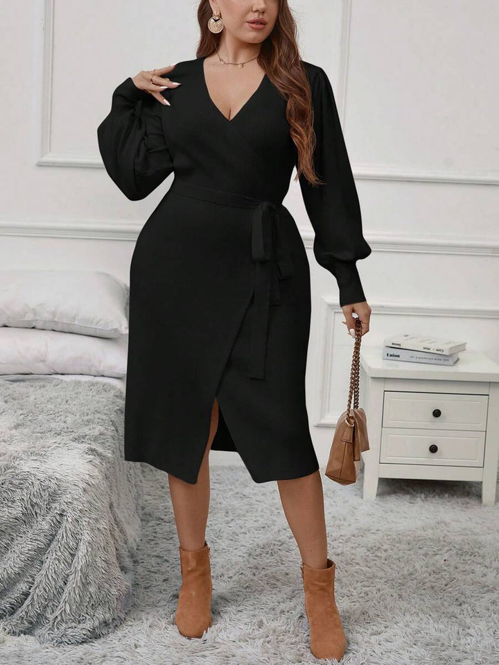 Plus Size Wrap Belted Sweater Dress