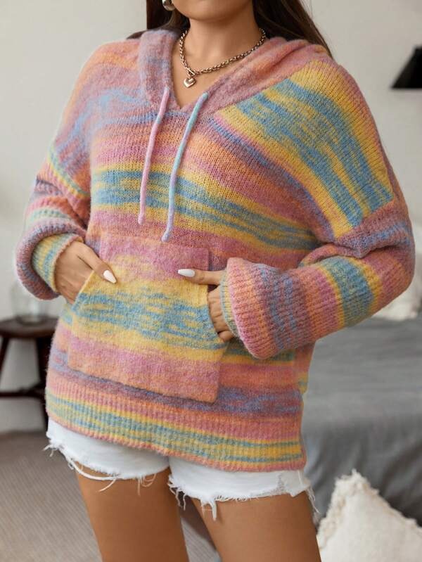 Plus Space Dye Drop Shoulder Drawstring Hooded Sweater