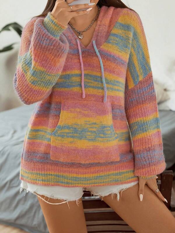 Plus Space Dye Drop Shoulder Drawstring Hooded Sweater