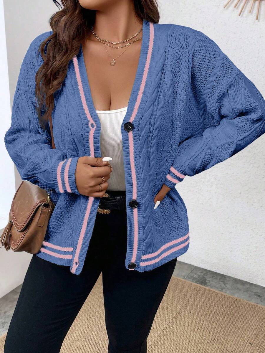 Plus Striped Trim Cable Knit Cardigan