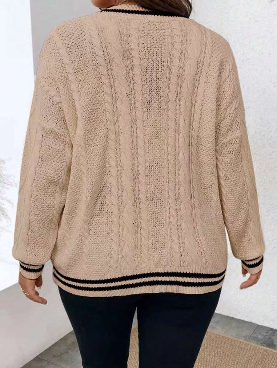 Plus Striped Trim Cable Knit Cardigan