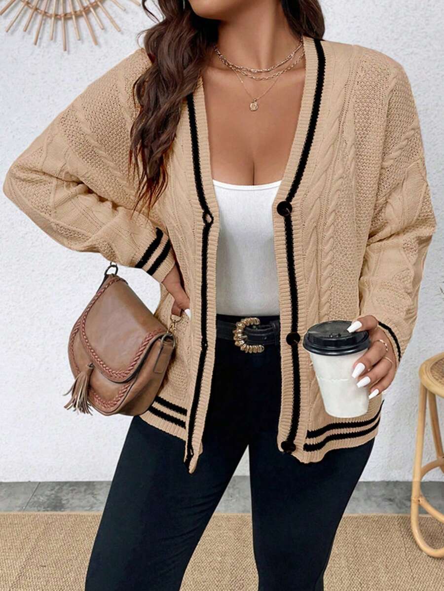 Plus Striped Trim Cable Knit Cardigan