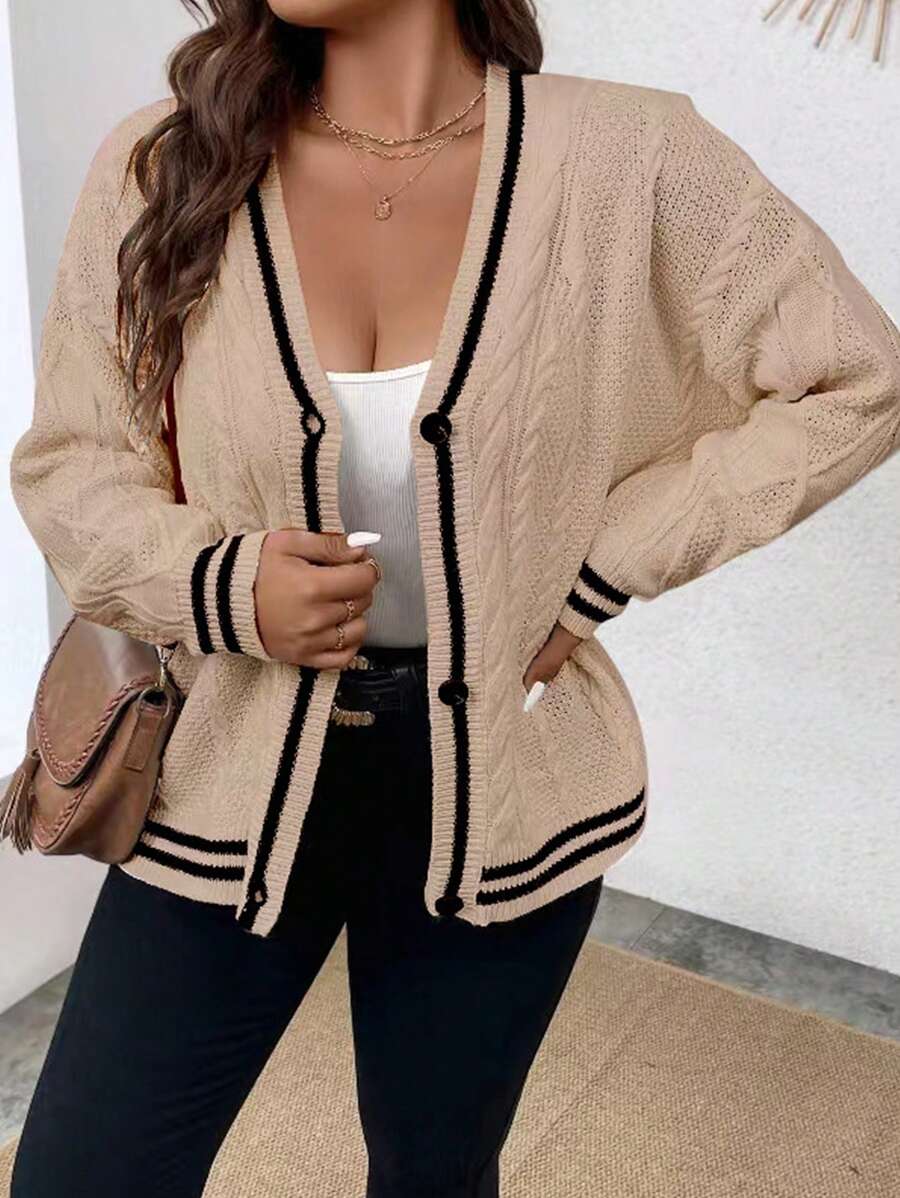 Plus Striped Trim Cable Knit Cardigan