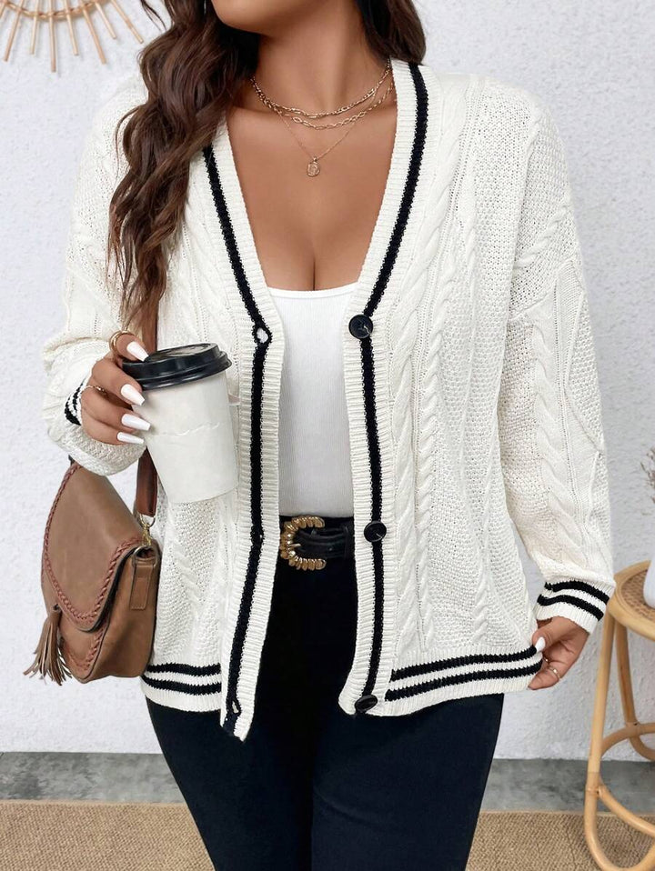 Plus Striped Trim Cable Knit Cardigan