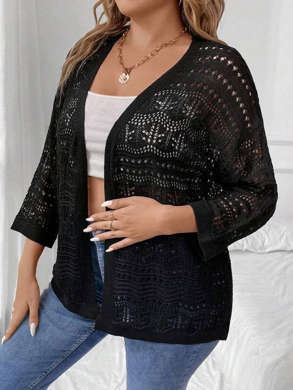 Pointelle Knit Drop Shoulder Open Front Cardigan