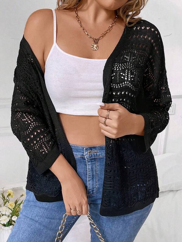 Pointelle Knit Drop Shoulder Open Front Cardigan