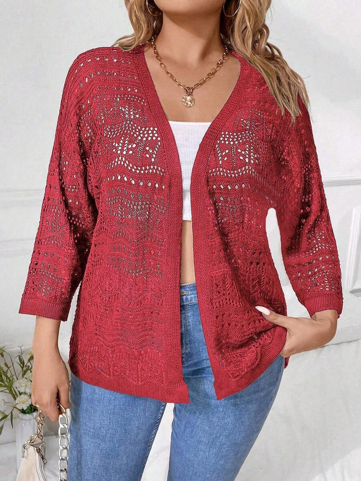 Pointelle Knit Drop Shoulder Open Front Cardigan