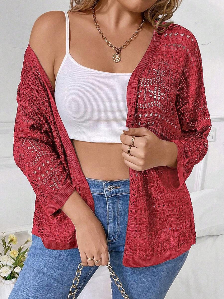 Pointelle Knit Drop Shoulder Open Front Cardigan