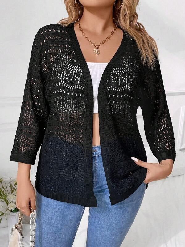 Pointelle Knit Drop Shoulder Open Front Cardigan