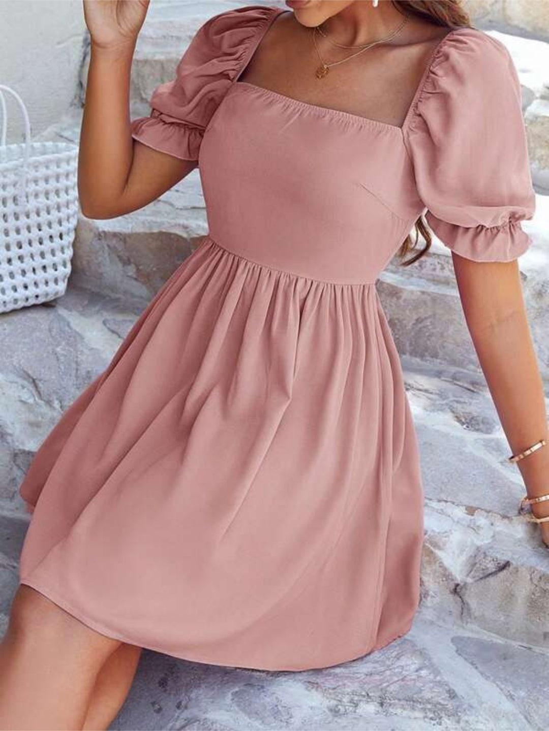 Barbie Puff Sleeve Solid Dress