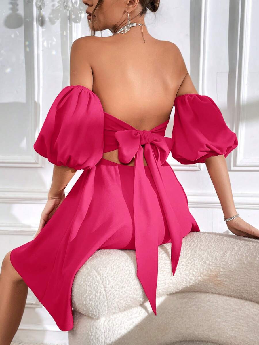 Barbie Puff Sleeve Tie Backless Dress
